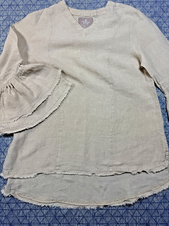 Crown Tops - Crown Linen Designs Bella Bell Sleeve Top Large Flax Beige V-Neck Linen Tunic